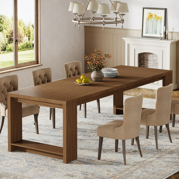 Finmind Farmhouse Dining Table for 6-8, 86 Inch Long Narrow Kitchen Table with Wood Pedestal Base for Home Living Room, Kitchen, Walnut