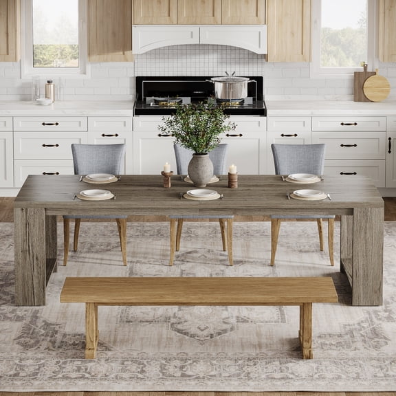 Finmind Farmhouse Dining Table for 6-8, 86 inch Long Narrow Kitchen Table with Wood Pedestal Base for Home Kitchen, Gray