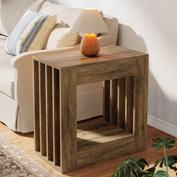 Finmind Farmhouse End Table, Rustic Side Table with Storage Shelf, Narrow Nightstand Bedside for Bedroom, Living Room, Small Spaces, Rustic Brown