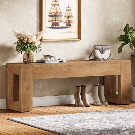 Finmind Farmhouse Entryway Bench, 47 inches Long Bench Seat for Dining Room, Living Room, Entryway, Hallway, Wood Color