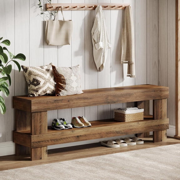 Finmind Farmhouse Entryway Bench, Rustic Brown 59-Inch Long Shoe Bench Seat with Open Storage Shelf, 2-Tier Narrow End of Bed Benches for Bedroom, Entryway, Hallway, Living Room
