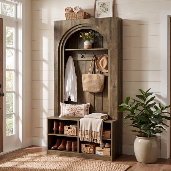 Finmind Farmhouse Entryway Hall Tree with Bench and Shoe Storage, 70.9" Tall Freestanding Coat Rack With Storage and Hooks for Mudroom, Living Room