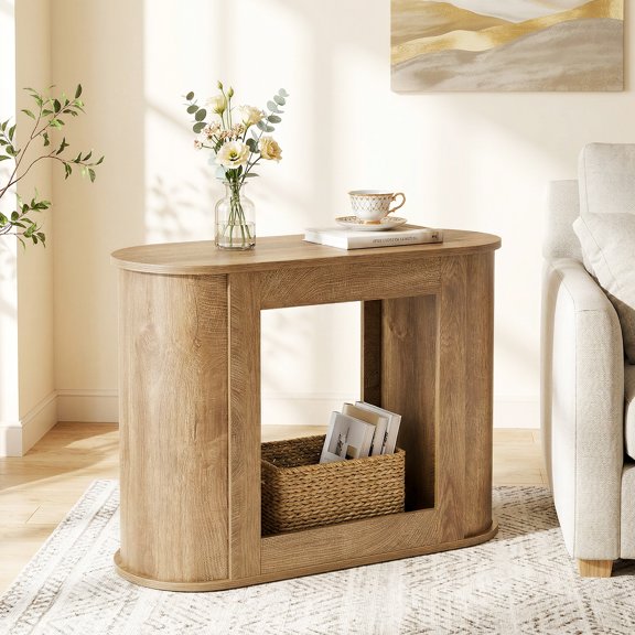 Finmind Farmhouse Side Table, 2-Tier Narrow Rustic Bedside Nightstand with Storage for Living Room, Light Brown