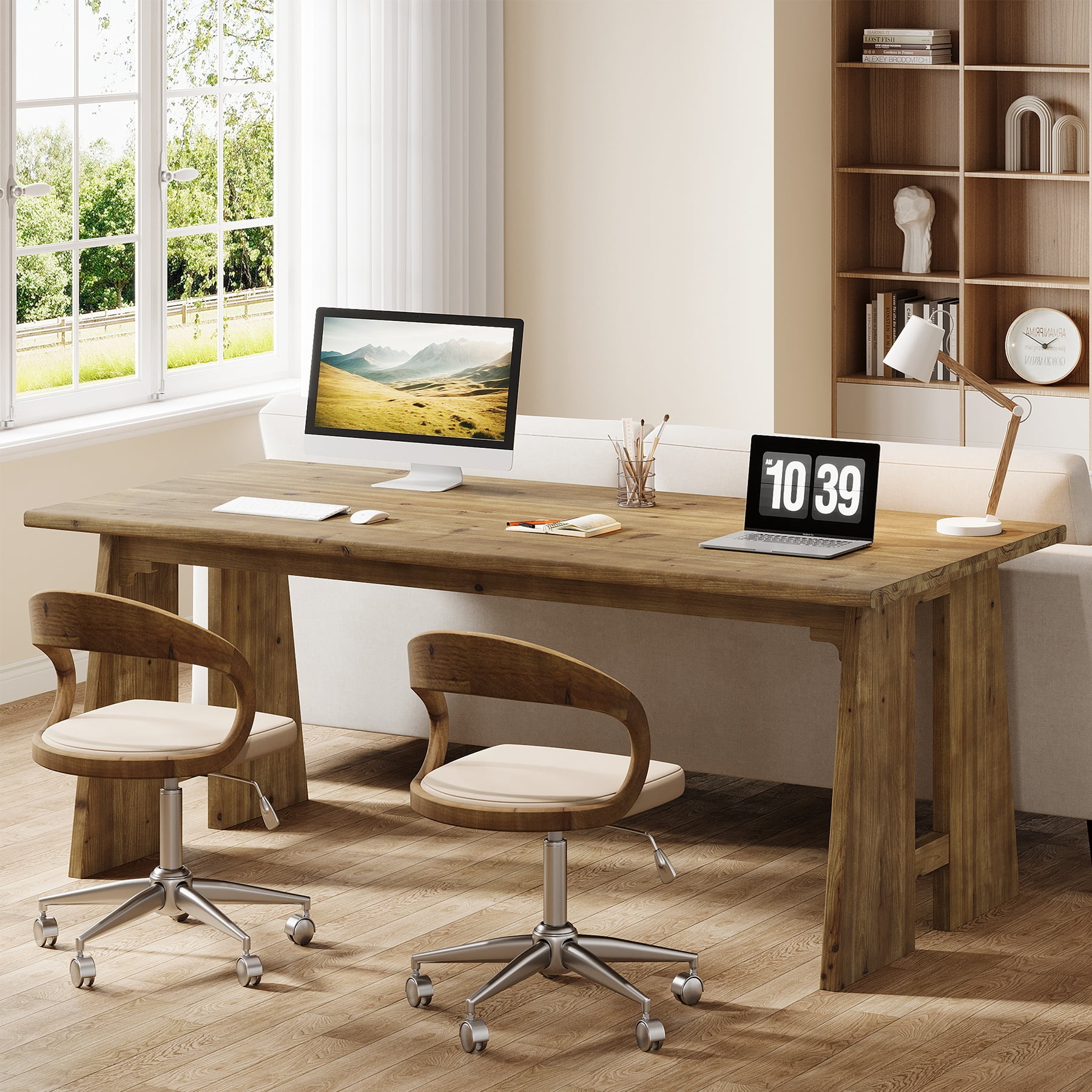 Finmind Farmhouse Solid Wood Executive Desk, 70.9-Inch Long Rectangular Computer Desk with Sturdy Wooden Legs for Home Office Meeting Room,Brown