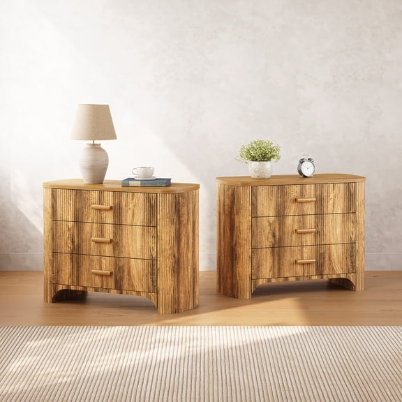 Finmind Fluted Nightstand Set of 2, 31.5 Inch W Oversized 3-Drawer Night Stand, Large Bedside End Table for Bedroom, Living Room, Light Brown