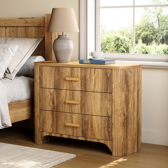 Finmind Fluted Nightstands, 31.5 Inch W Oversized 3-Drawer Night Stand, Large Bedside End Table for Bedroom, Living Room, Light Brown