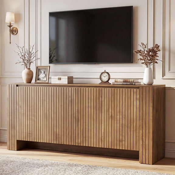 Finmind Fluted TV Stand for 55-70 Inch TV, 63-Inch Entertainment Center with Storage Cabinet, Mid Century Modern Media Console with Adjustable Shelves, Television Stand for Living Room, Brown