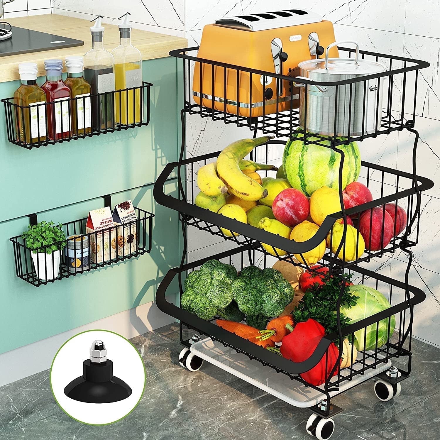 Finmind Fruit Basket,3 Tier Stackable Metal Wire Basket Cart with Rolling Wheels, Utility Rack for Kitchen, Pantry, Garage, With 2 Free Baskets