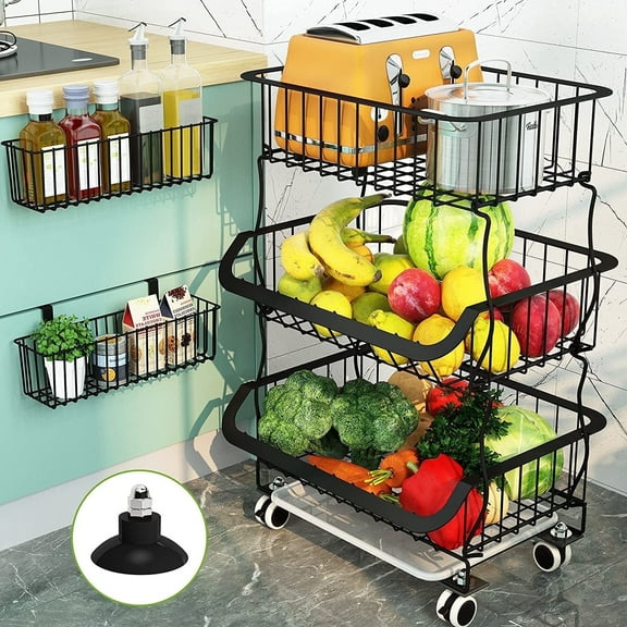 Finmind Fruit Basket,3 Tier Stackable Metal Wire Basket Cart with Rolling Wheels, Utility Rack for Kitchen, Pantry, Garage, With 2 Free Baskets