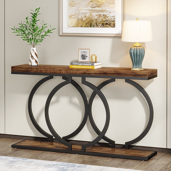 Finmind Gold Console Table, 55 inch Faux Marble Entryway Table Narrow Long Sofa Table, Modern Accent Table for Living Room, Entrance Table Geometric Metal Frame, Black & Brown