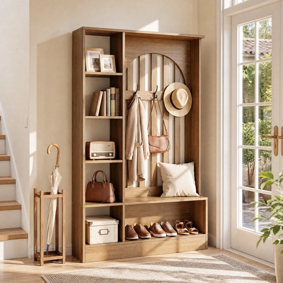 Finmind Hall Tree with Bench and Storage Shelves, 70.9" Freestanding Wooden Furniture Organizer with Coat Rack and Open Shelves for Hallway, Foyer, Bedroom, Rustic Brown