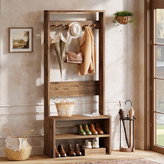 Finmind Hall Tree with Bench and Shoe Storage, 70.8" Coat Rack with Bench for Entryway, Brown