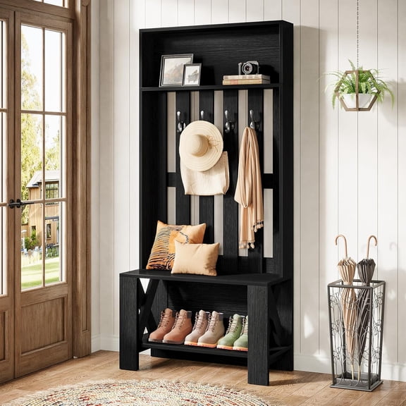 Finmind Hall Tree with Bench and Shoe Storage, 70.8 inch Tall Freestanding Coat Rack with Shoe Bench for Entryway, Hallway, Mudroom, Black