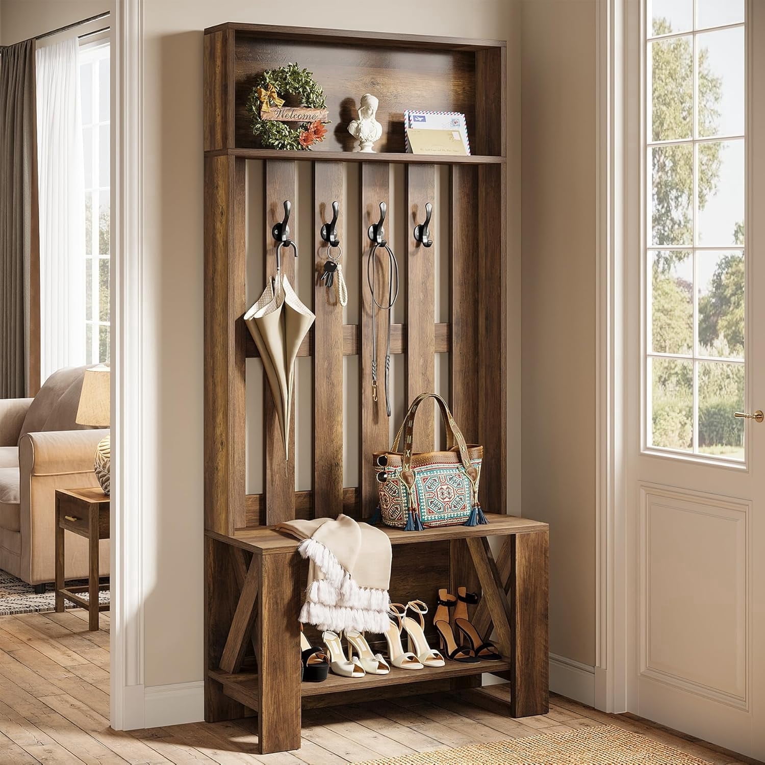 Uforic 4-in-1 Coat Rack with 14 Hooks, Farmhouse Hall Tree with