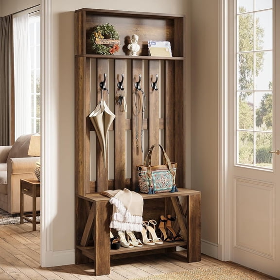 Finmind Rustic Wood Hall Tree with Bench and Shoe Storage, 70.8 inch Tall Farmhouse Coat Rack with Shoe Bench and Hooks for Entryway, Hallway, Mudroom, Brown