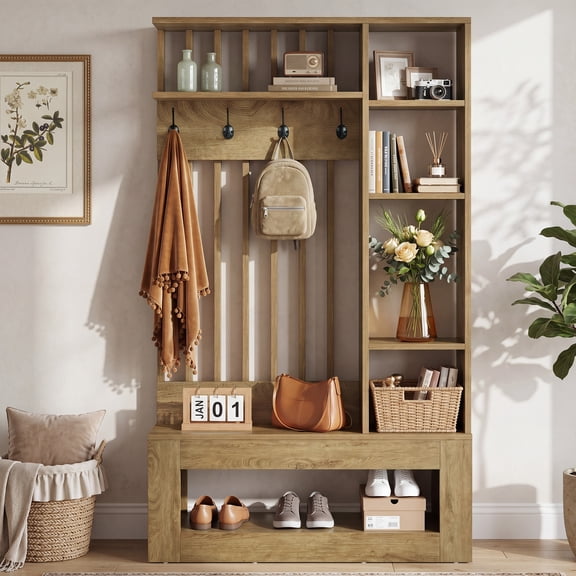 Finmind Hall Tree with Bench and Shoe Storage, Coat Rack, 5 Storage Cubbies & 4 Coat Hooks,  (39.37" W x 11.8" D x 70.87" H),Honey Brown