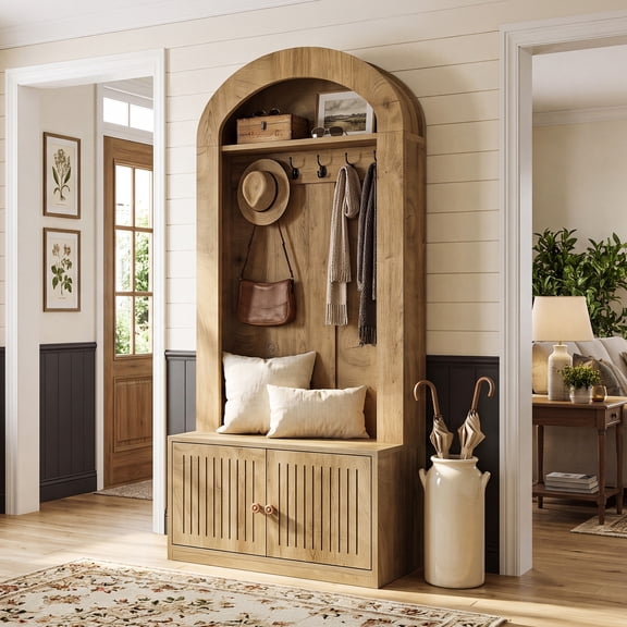 Finmind Hall Tree with Bench and Storage Shelves, 70.9"Tall Arched Coat Rack with 5 Hooks & 2 Fluted Doors for Hallway, Brown