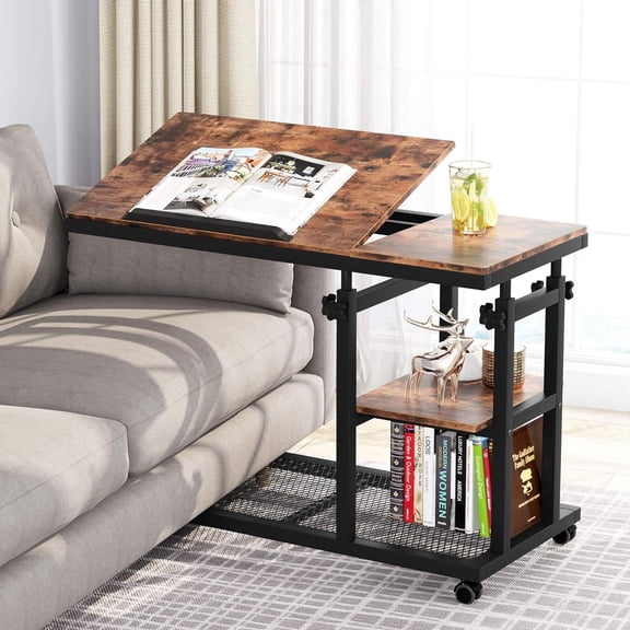 Finmind Height Adjustable C Table with Wheels, Mobile Couch Snack Side Table with Tiltable Drawing Board, Sofa Bedside Laptop Stand C Shaped TV Tray with Storage Shelves