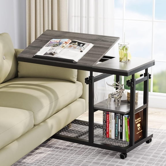 Finmind Height Adjustable C Table with Wheels, Mobile Couch Snack Side Table with Tiltable Drawing Board, Sofa Bedside Laptop Stand C Shaped TV Tray with Storage Shelves, Grey