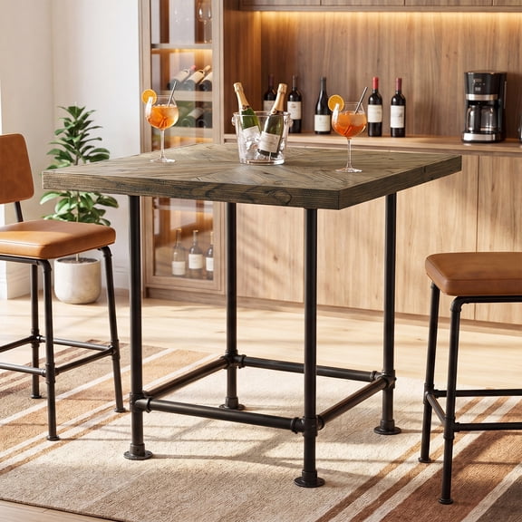 Finmind Industrial Square Bar Table, 35.4" High Top Pub Table with Solid Wood Tabletop and Sturdy Metal Frame, Kitchen Cocktail Coffee Counter Bar Height Table for Living Room, Dining Room