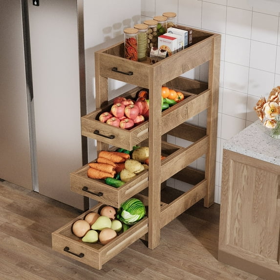 Finmind Kitchen Fruit Vegetable Organizer and Storage Rack, 4-Tier Narrow Fruit Display Stand with 3 Pull-Out Drawers, Vegetable Basket Snack Shelf for Kitchen Living Room, Rustic Brown