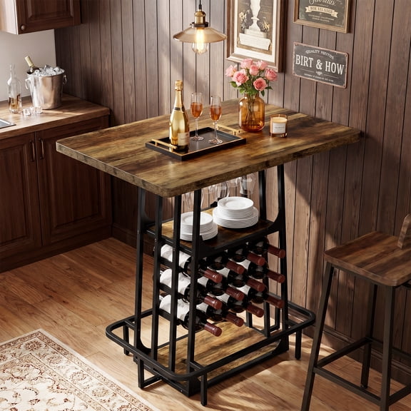Finmind Kitchen Island with 3 Shelves, 39.4 Inches Width Kitchen Shelf with Large Worktop, Glass Holder, Wine Rack, Stable Metal Frame, Rustic Brown and Black