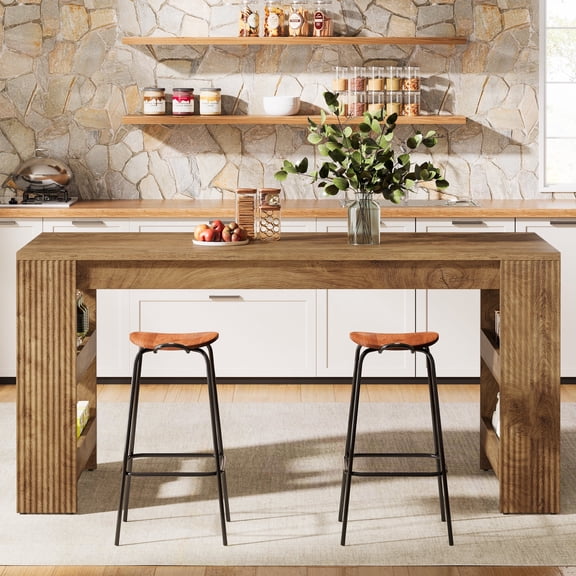 Finmind Kitchen Island with Storage, 63-inch Farmhouse Large Stationary Island Table with Double-Sided Storage Shelves for Kitchen, Dining Room, Living Room, Brown