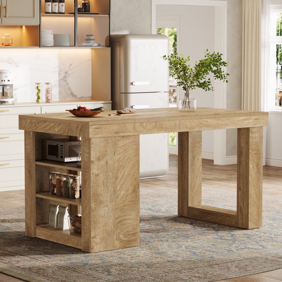Finmind Kitchen Island with Storage Shelf, 55" Farmhouse Prep Table with Large Leg Room, Modern Multi-Functional Kitchen Furniture for Meal Prep, Dining & Entertaining, Natural Wood