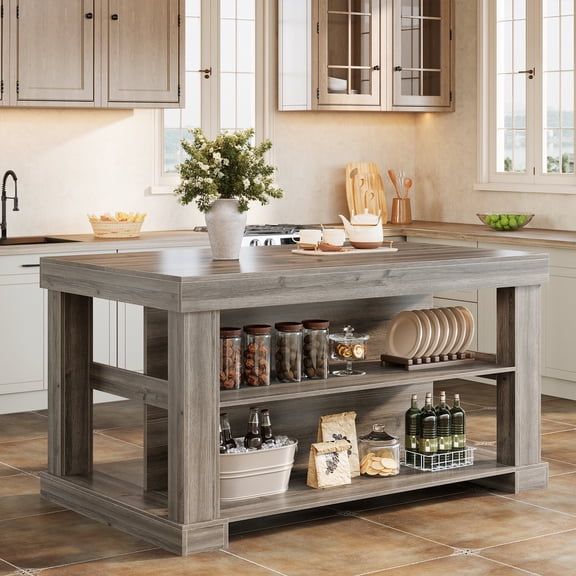 Finmind Kitchen Island with 3 Shelves, 55-Inch Kitchen Shelf with Large Worktop, Stable Wooden Structure, Farmhouse Style, Gray