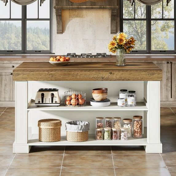 Finmind Kitchen Island with 3 Shelves, 55-Inch Kitchen Shelf with Large Worktop, Stable Wooden Structure, Farmhouse Style, White