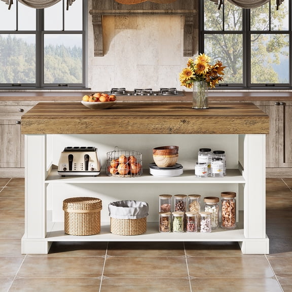 Finmind Kitchen Island with 3 Shelves, 55-Inch Kitchen Shelf with Large Worktop, Stable Wooden Structure, Farmhouse Style, White
