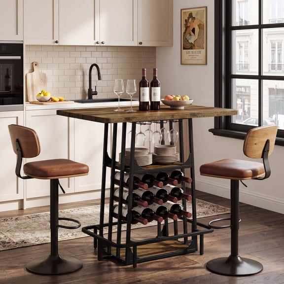 Finmind Kitchen Island with 3 Shelves, Industrial Kitchen Shelf with Large Worktop, Glass Holder, Wine Rack, Metal Frame, Rustic Brown and Black