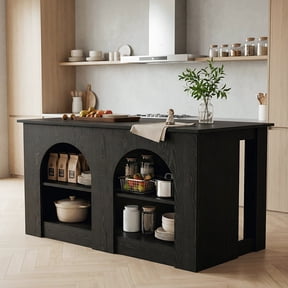 Finmind Kitchen Island with 3-Tier Open Shelves, 55-Inch Modern Large Stationary Island Table for Kitchen, Black
