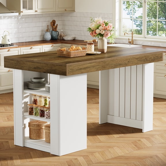 Finmind Kitchen Island with Storage, 55-inch Farmhouse Stationary Island Table with Large Countertop for Kitchen, Rustic Brown & White