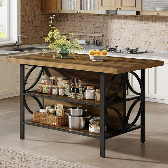 Finmind Kitchen Island with Storage, 62.99-Inch Kitchen Island Table with 2 Shelves and Large Worktop, Rustic Brown