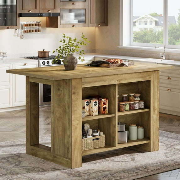 Finmind Kitchen Island with Storage, 63 Inch Island Table with Extra Large Worktop, Farmhouse Counter Height Bar Table, Oak