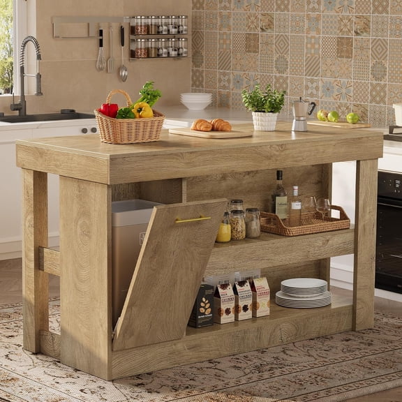 Finmind Kitchen Island with Trash Storage Cabinet, 55 Inches Large Prep Table with 2-Tier Shelf, Farmhouse Island Table