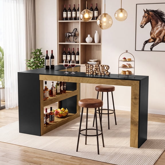 Finmind L Shaped Bar Table, 70.8" Modern Counter Height Table with Storage, Corner Home Bar Unite for Kitchen, Dining Room, Black & Brown