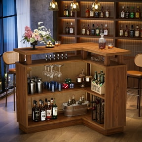 Finmind L Shaped Bar Table with 4-Tier Storage Shelf, Rattan Table with 2 Stemware Racks and Heightened Base for Home, Kitchen, Pub, Brown