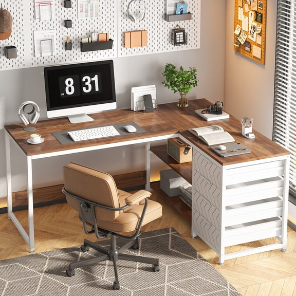 Finmind L Shaped Computer Desk with Storage Drawers, 59"  Reversible Corner Office Desk for Home Office, Walnut & White