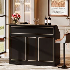 Finmind L-Shaped Corner Bar Cabinet, 3-Tier Home Bar Unit with Stemware Racks, Tall Liquor Storage Cabinet, Multi-Functional Bar Station for Living Room, Black
