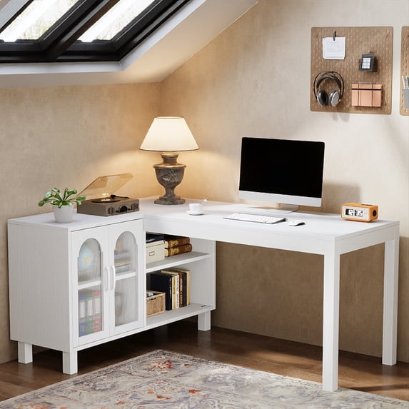 Finmind L Shaped Desk with Storage Cabinet and Shelves, 59-inch Wooden Corner Computer Desk Home Office Desk for Gaming, Writing, Working, White