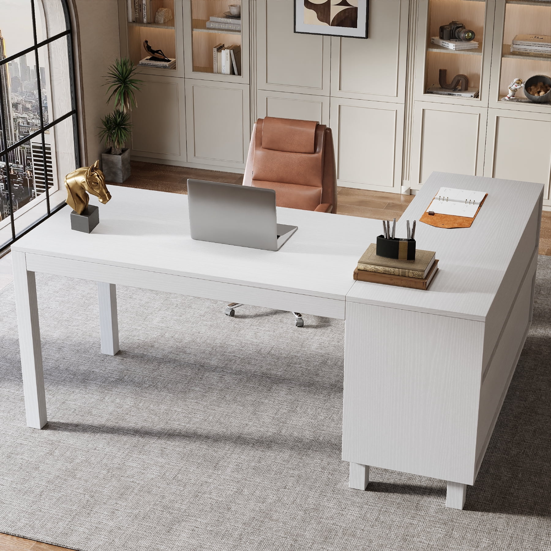Finmind L Shaped  Executive Desk with File Cabinet, 59-inch Wood Computer Desk with Storage Shelves for Work and Study, White