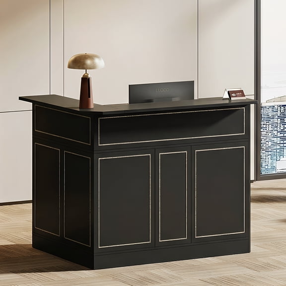 Finmind L-Shaped Reception Desk, Modern Front Counter with 2-Tier Storage & Stemware Rack for Lobby, Office, Business Area, Black