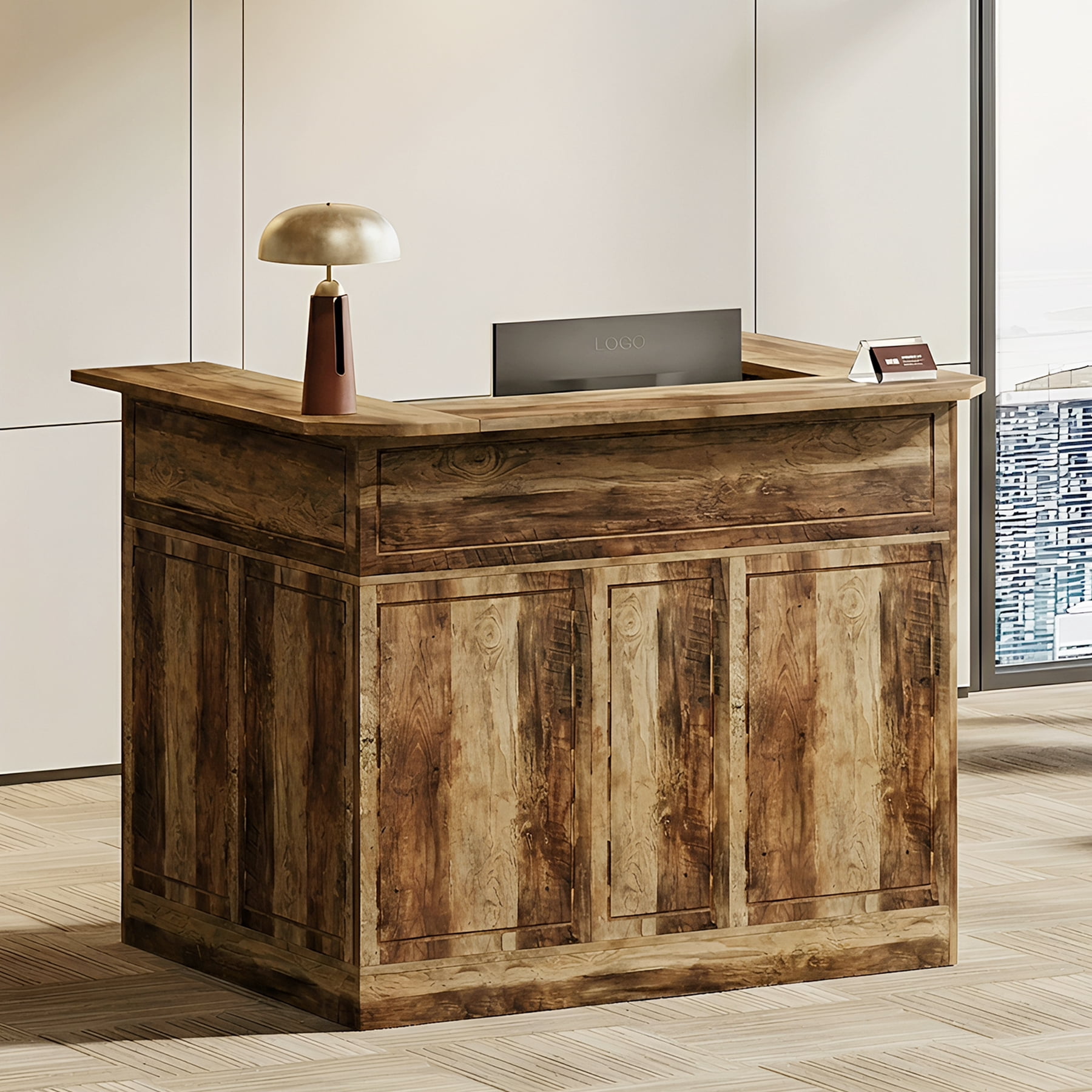 Finmind L-Shaped Reception Desk, Modern Front Counter with 2-Tier ...