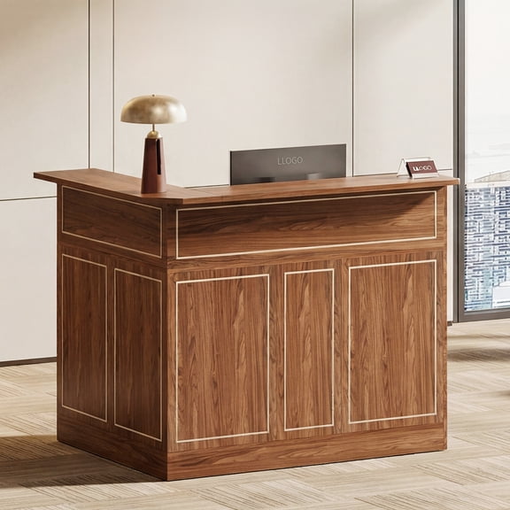 Finmind L-Shaped Reception Desk, Modern Front Counter with 2-Tier Storage & Stemware Rack for Lobby, Office, Business Area, Red Brown