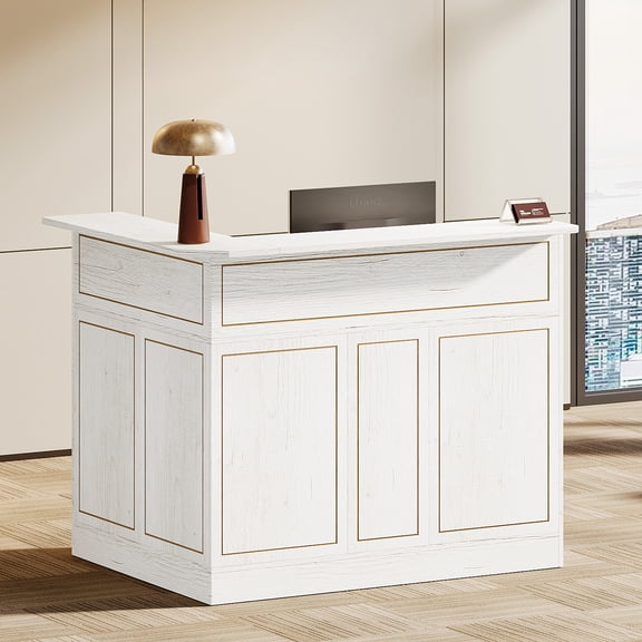 Finmind L-Shaped Reception Desk, Modern Front Counter with 2-Tier Storage & Stemware Rack for Lobby, Office, Business Area, White