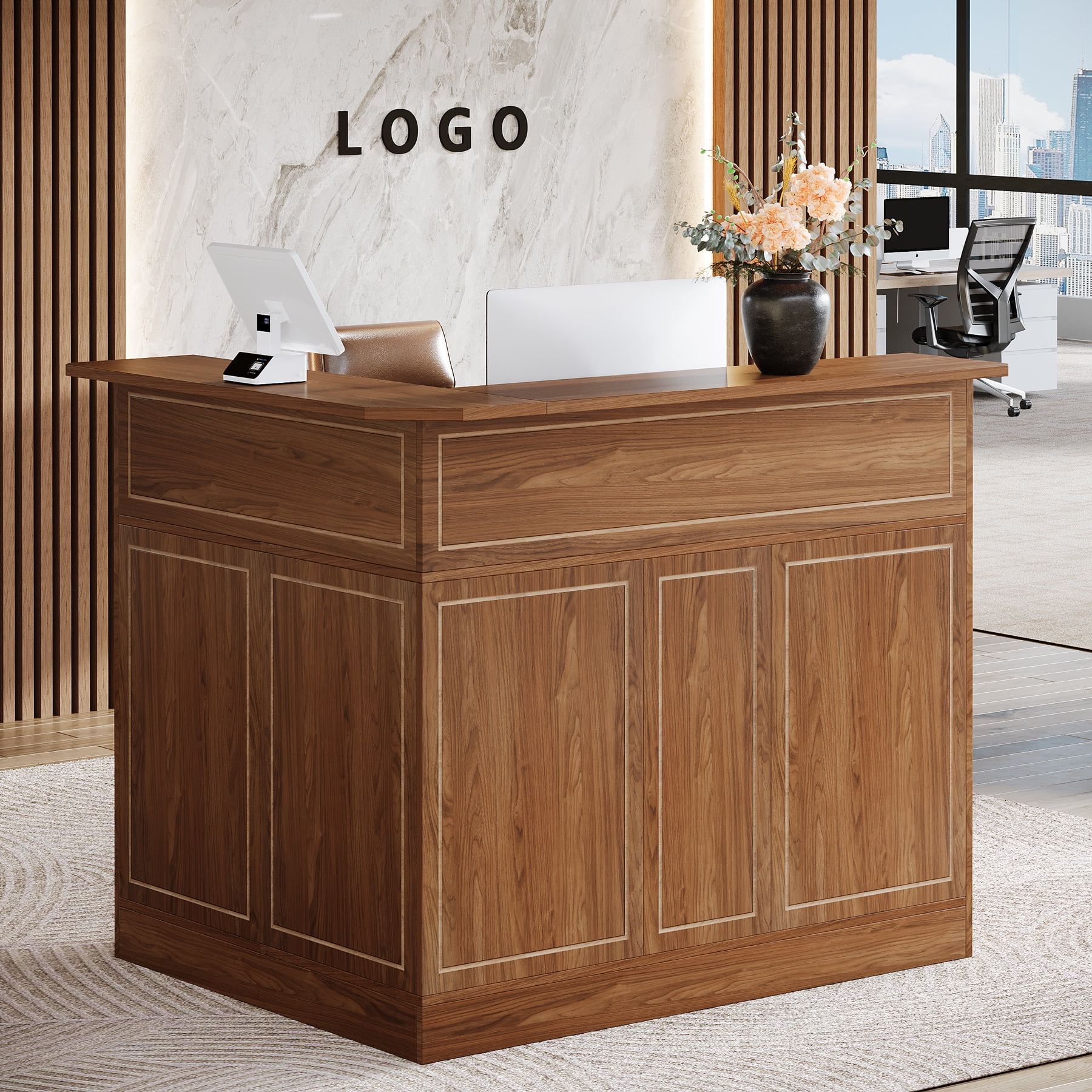 Finmind L-Shaped Reception Desk with Storage Shelves, Modern Front Counter Table for Office, Salon, Checkout Office, Vintage Brown