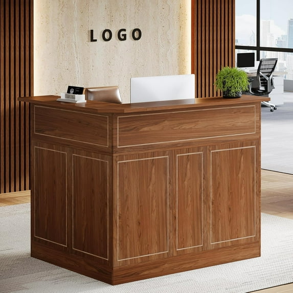 Finmind L-Shaped Reception Desk with Storage Shelves for Small Office, Salon, Checkout Office