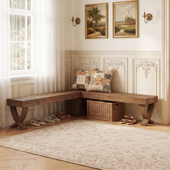 Finmind L-Shaped Solid Wood Corner Bench, 55" Farmhouse Table Bench with X-Leg, Backless Entryway Shoe Bench for Dining Room, Hallway, Rustic Brown